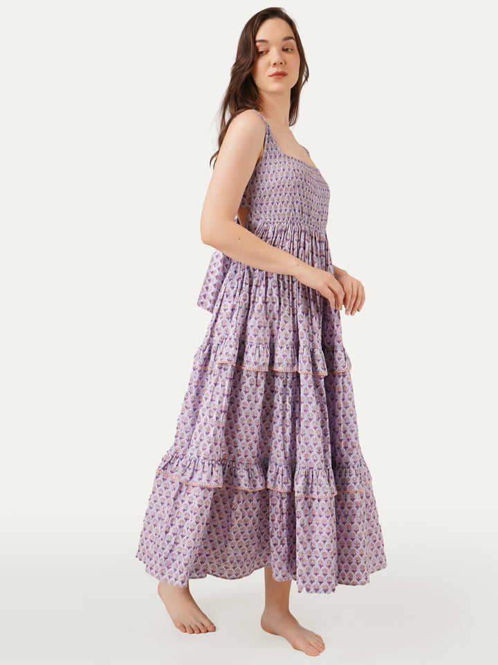 Lavender-Cotton-Tiered-Dress-With-Back-Bow-Details