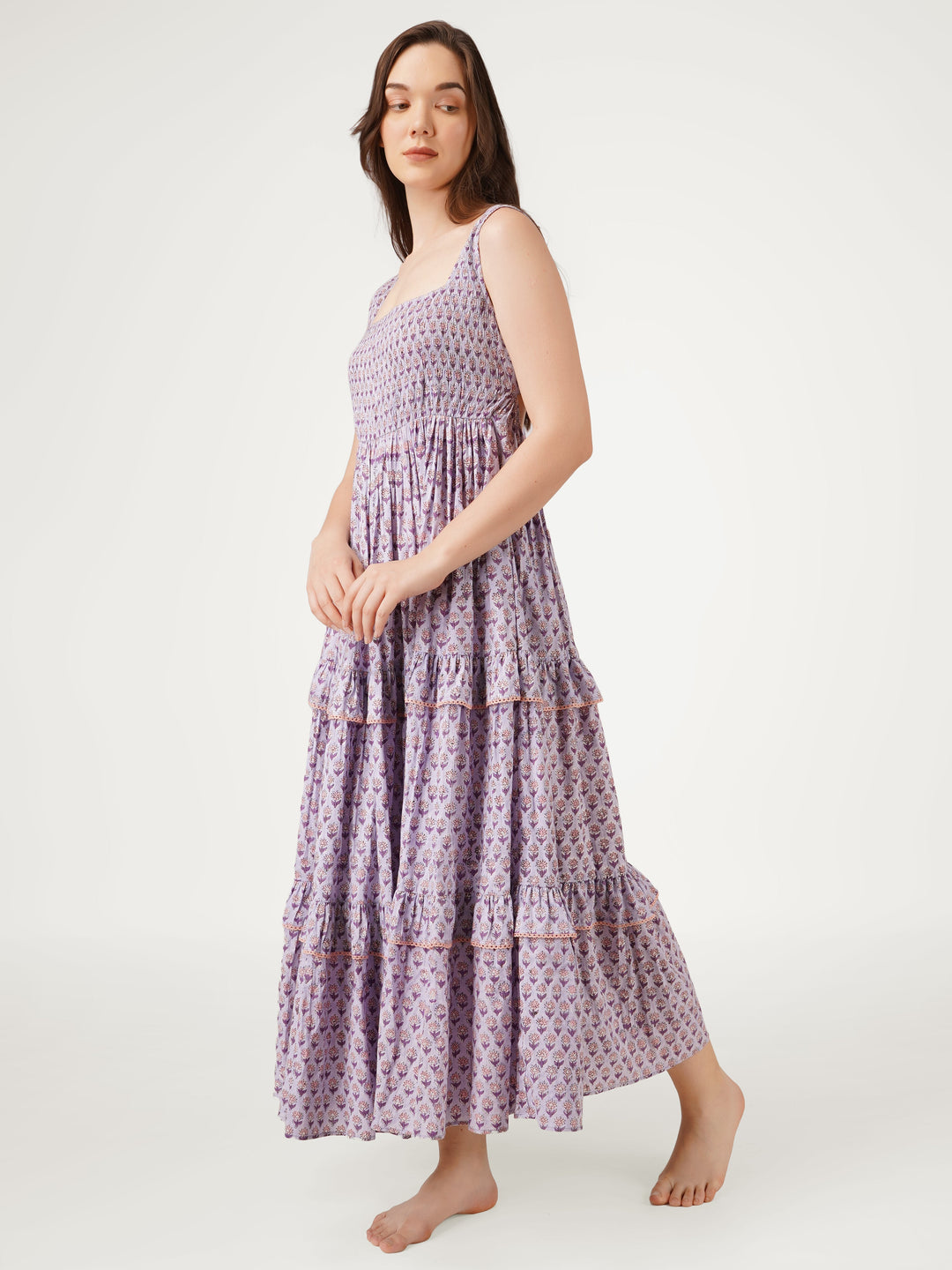 Lavender-Cotton-Tiered-Dress-With-Back-Bow-Details