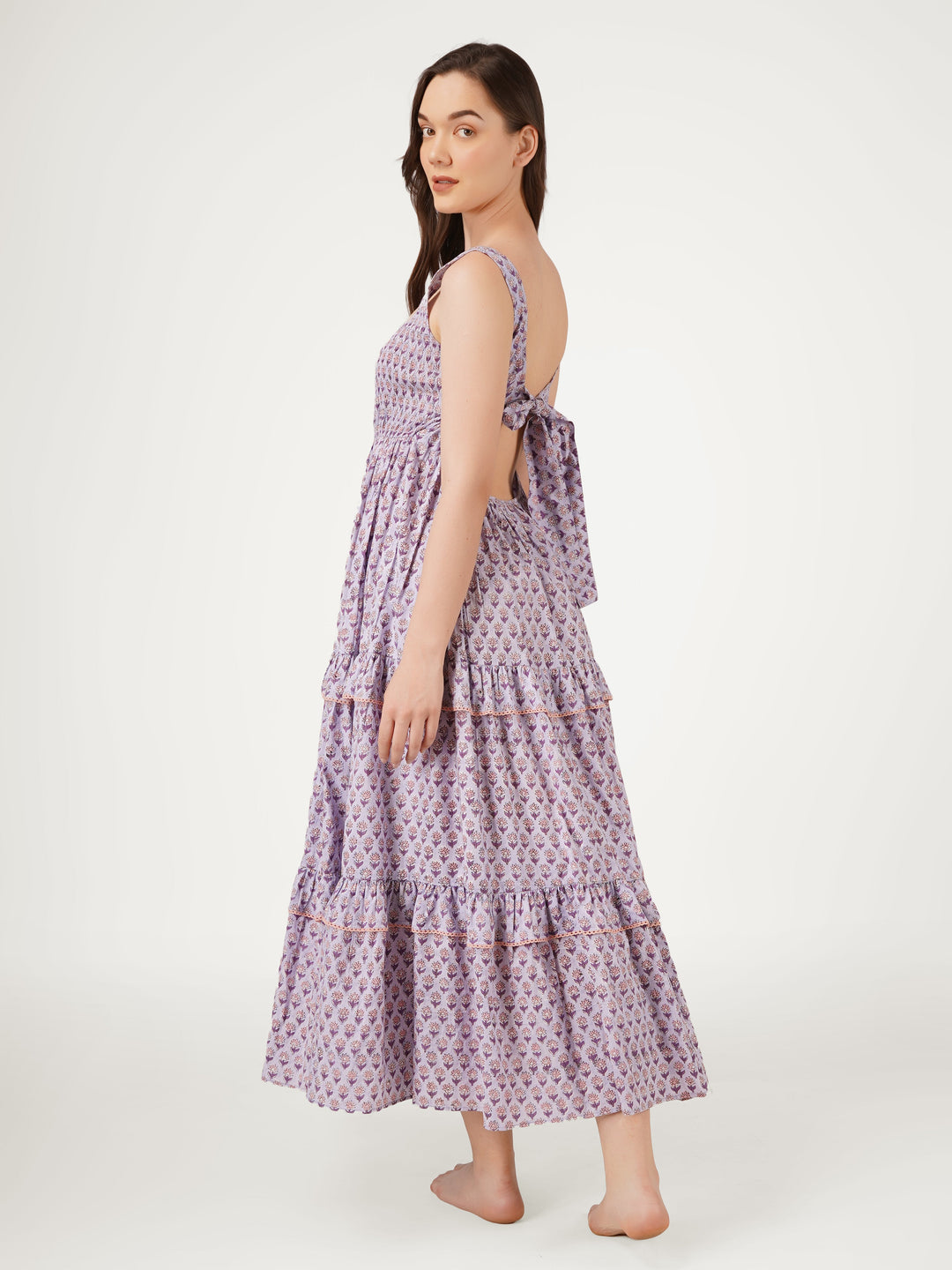 Lavender-Cotton-Tiered-Dress-With-Back-Bow-Details