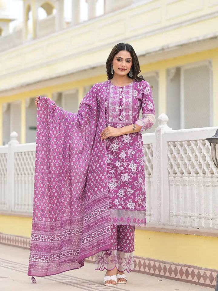 Lavender-Cotton-Floral-Print-3-Piece-Kurta-Set