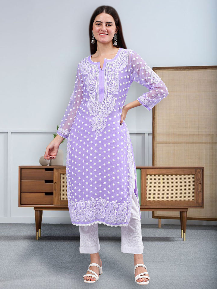 Lavender Georgette Embroidered Chikankari Kurti With Slip