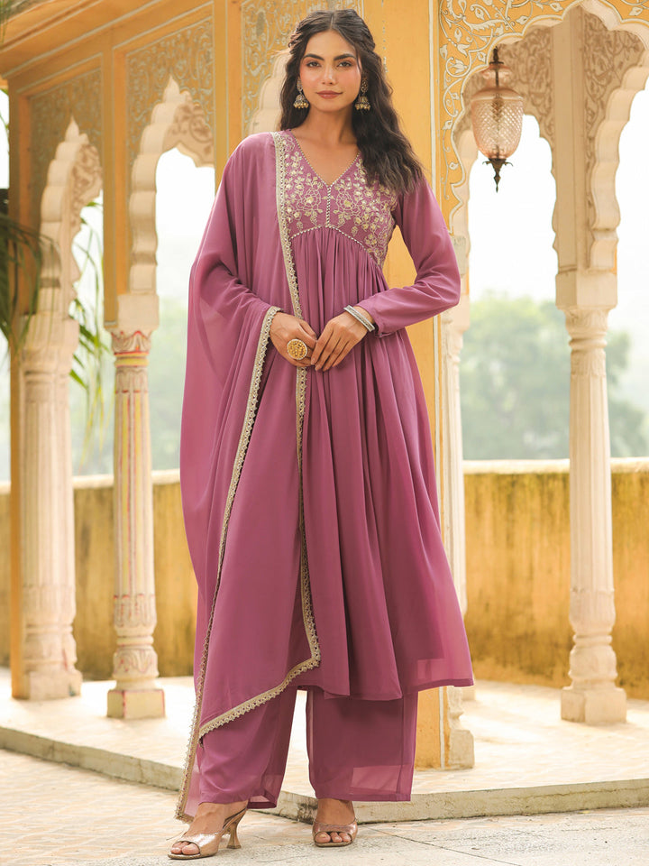 Lavender-Georgette-Yoke-Embroidery-3-Piece-Kurta-Set