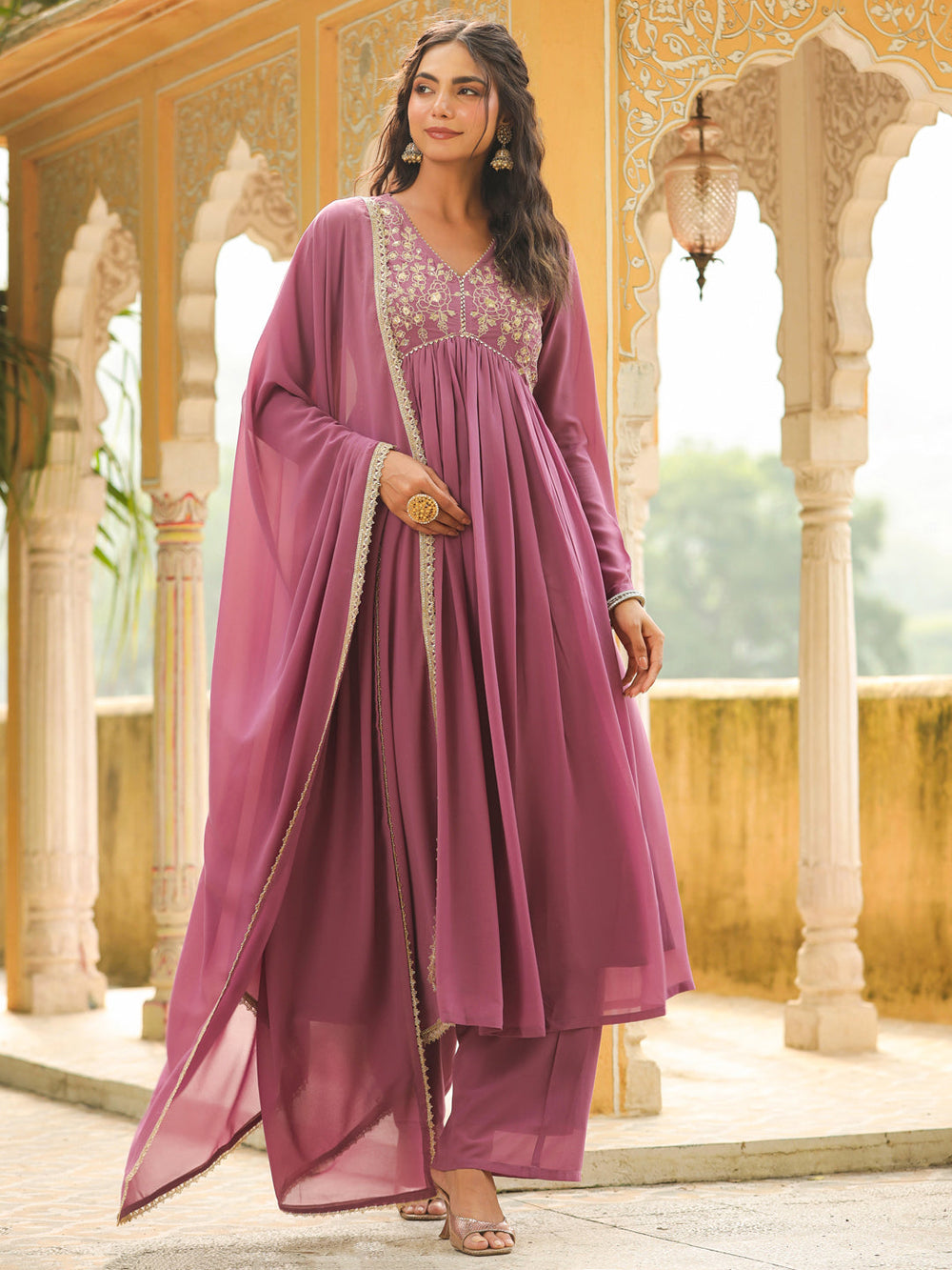 Lavender-Georgette-Yoke-Embroidery-3-Piece-Kurta-Set