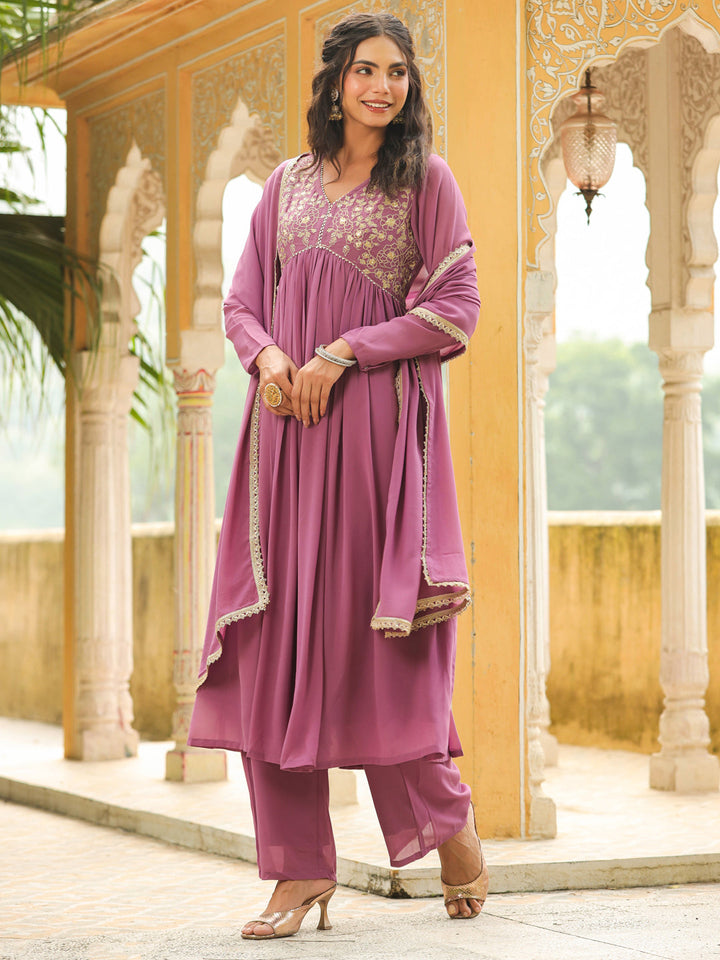 Lavender-Georgette-Yoke-Embroidery-3-Piece-Kurta-Set