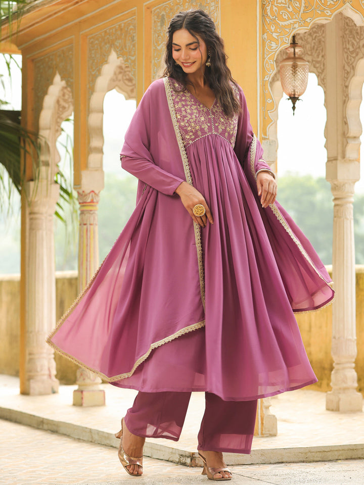 Lavender-Georgette-Yoke-Embroidery-3-Piece-Kurta-Set