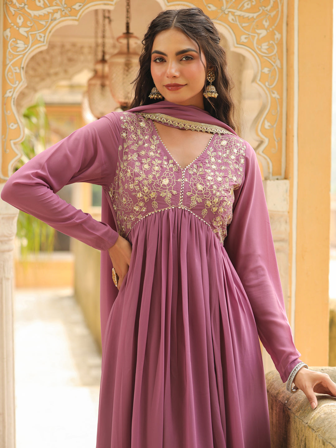 Lavender-Georgette-Yoke-Embroidery-3-Piece-Kurta-Set