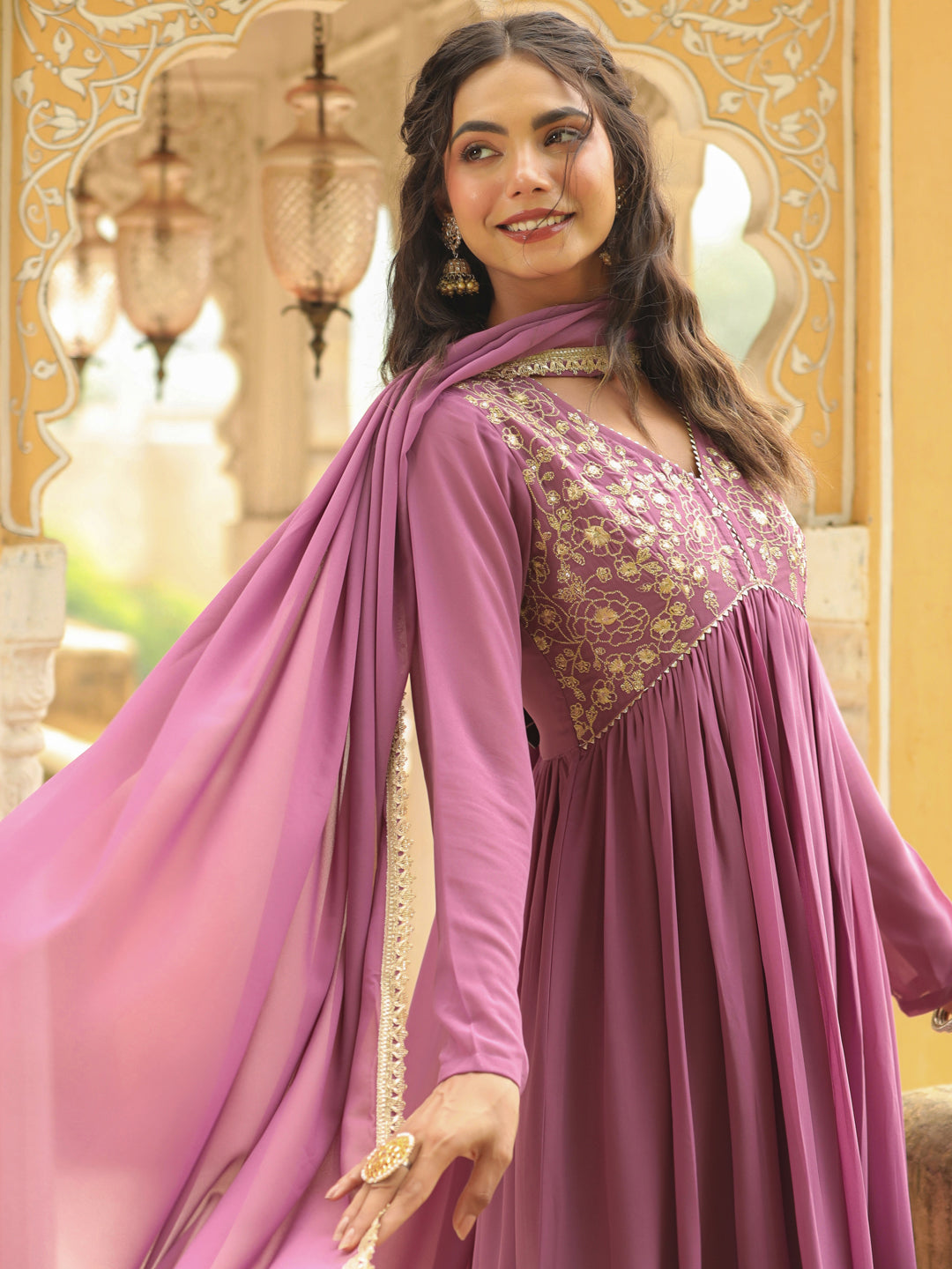 Lavender-Georgette-Yoke-Embroidery-3-Piece-Kurta-Set