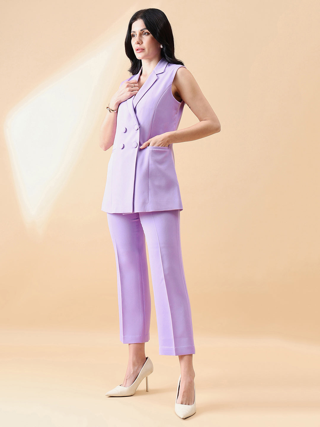 Lavender-Polyester-Cut-Sleeve-Notch-Collar-Stretch-Pant-Suit
