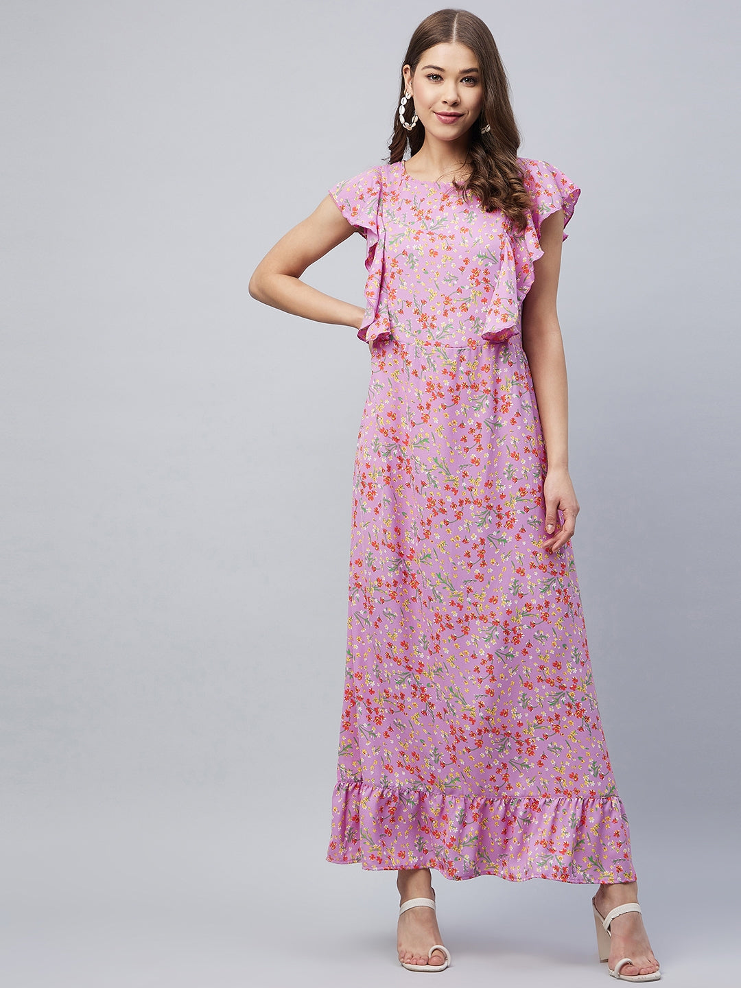 Lavender-Polyester-Floral-Maxi-Dress-With-Flutter-Sleeves