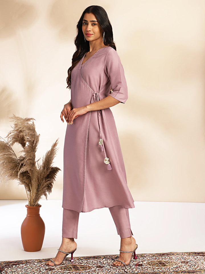 Lavender Chinnon Solid Kurta & Pant Set