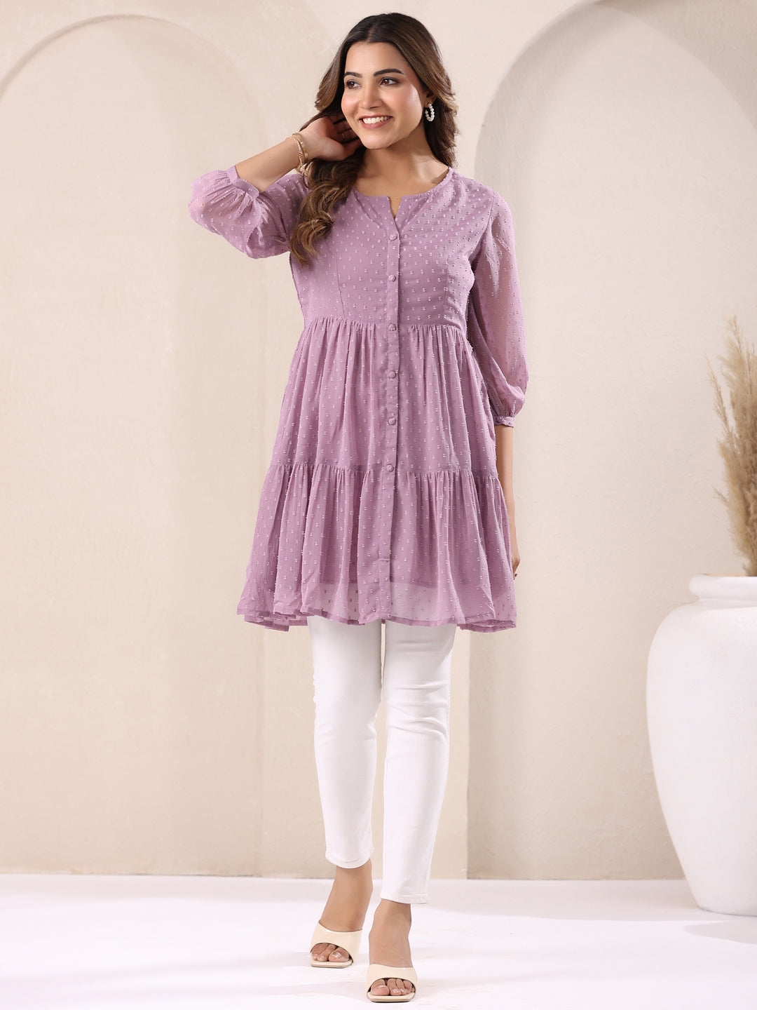 Lavender Dobby Chiffon Self Design Tiered Tunic Only