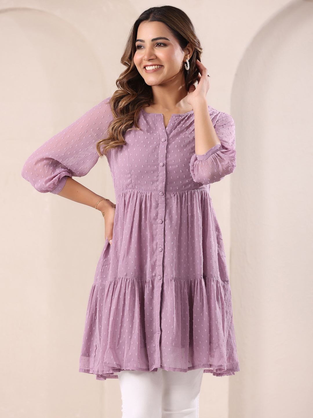 Lavender Dobby Chiffon Self Design Tiered Tunic Only