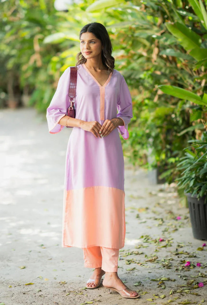 Lavender-Lizzy-Bizzy Cotton-Color-Blocking-2-Piece-Kurta-Set