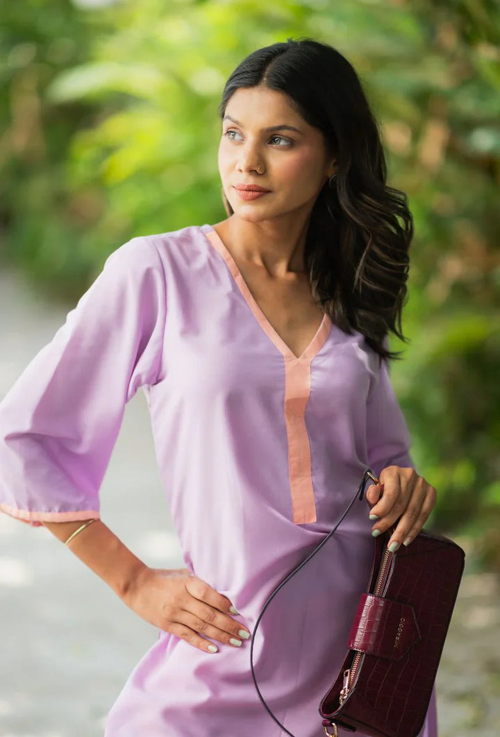 Lavender-Lizzy-Bizzy Cotton-Color-Blocking-2-Piece-Kurta-Set