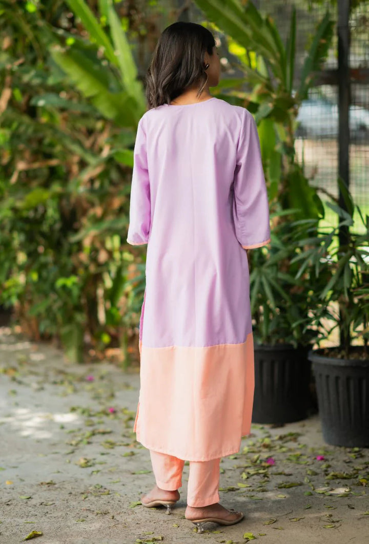 Lavender-Lizzy-Bizzy Cotton-Color-Blocking-2-Piece-Kurta-Set
