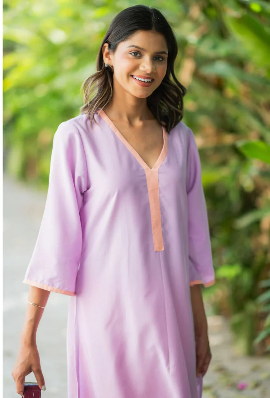 Lavender-Lizzy-Bizzy Cotton-Color-Blocking-2-Piece-Kurta-Set