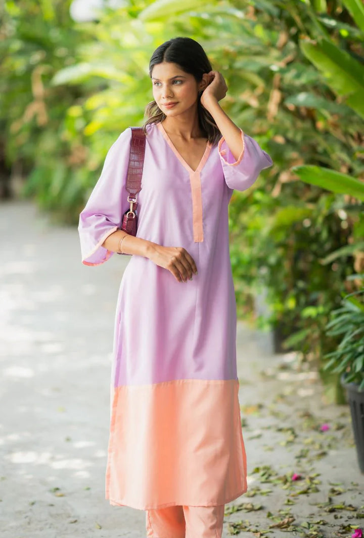 Lavender-Lizzy-Bizzy Cotton-Color-Blocking-2-Piece-Kurta-Set