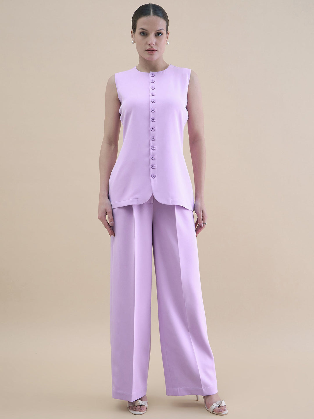 Lavender-Polyester-Waistcoat-With-Loose-Fit-Trouser-Set