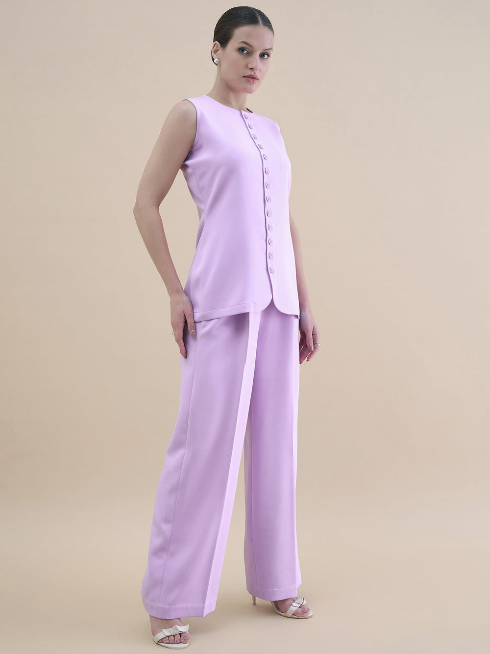 Lavender-Polyester-Waistcoat-With-Loose-Fit-Trouser-Set