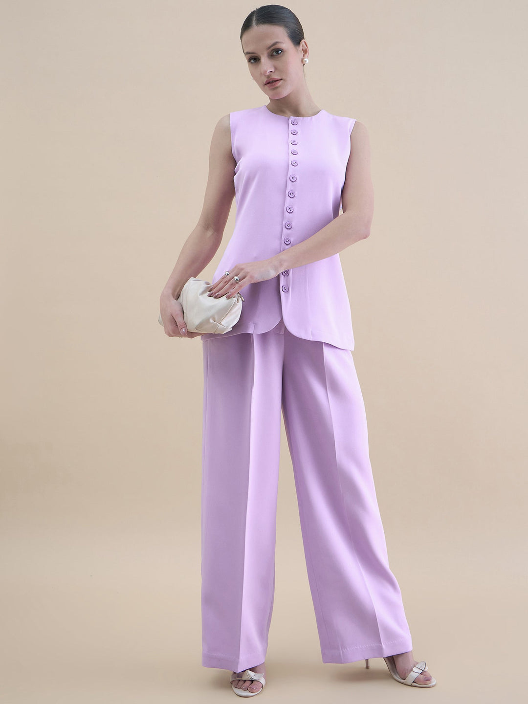 Lavender-Polyester-Waistcoat-With-Loose-Fit-Trouser-Set