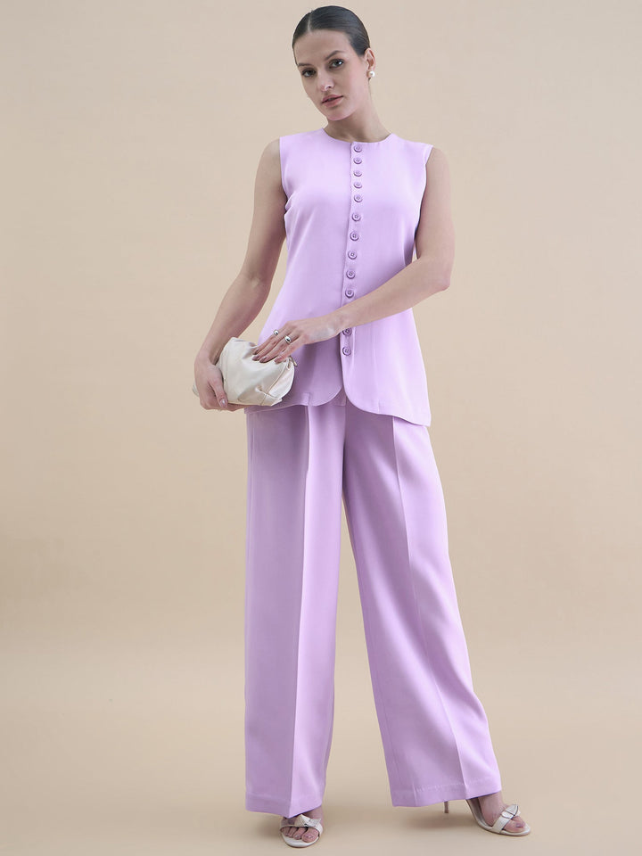 Lavender-Polyester-Waistcoat-With-Loose-Fit-Trouser-Set