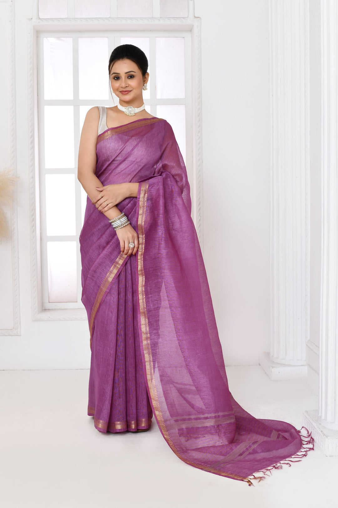 Lavender-Tussar-Linen-Handloom-Saree-With-Embroidered-Blouse