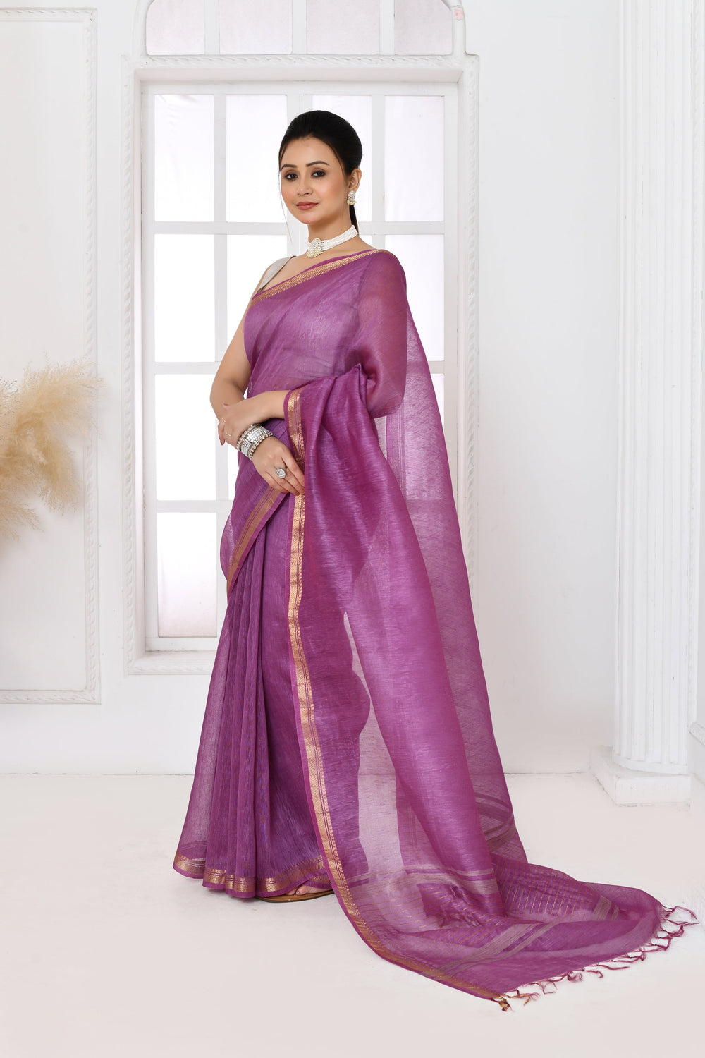 Lavender-Tussar-Linen-Handloom-Saree-With-Embroidered-Blouse