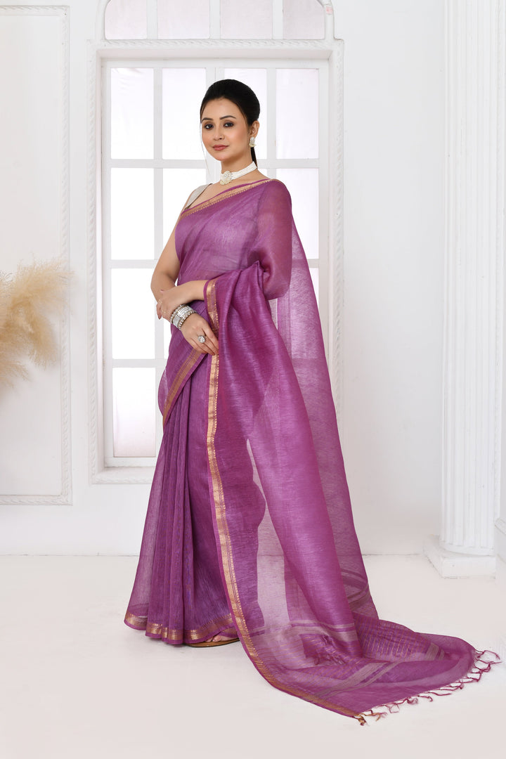 Lavender-Tussar-Linen-Handloom-Saree-With-Embroidered-Blouse