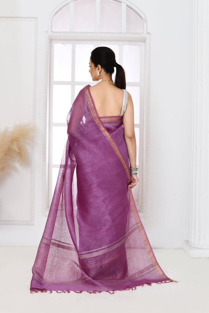 Lavender-Tussar-Linen-Handloom-Saree-With-Embroidered-Blouse