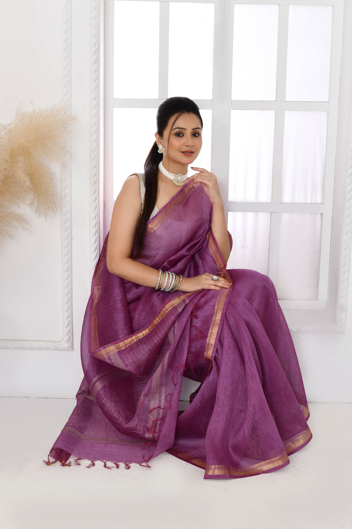 Lavender-Tussar-Linen-Handloom-Saree-With-Embroidered-Blouse