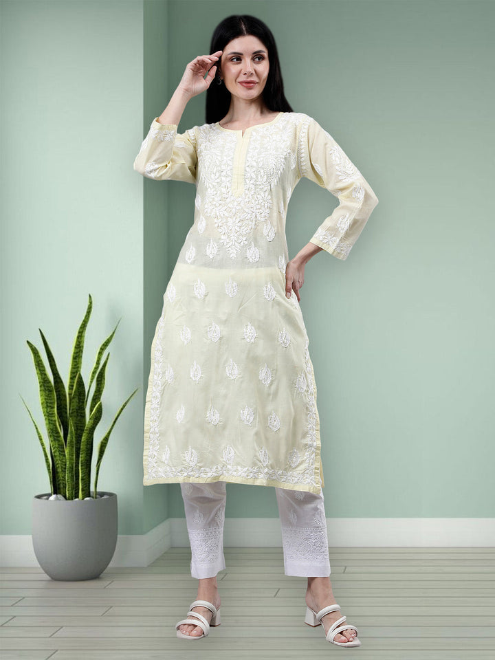 Lemon-Cotton-Embroidered-Chikankari-Kurti