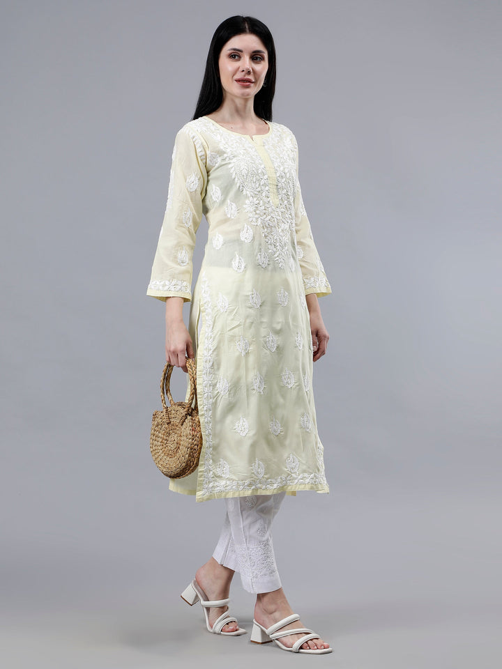 Lemon-Cotton-Embroidered-Chikankari-Kurti