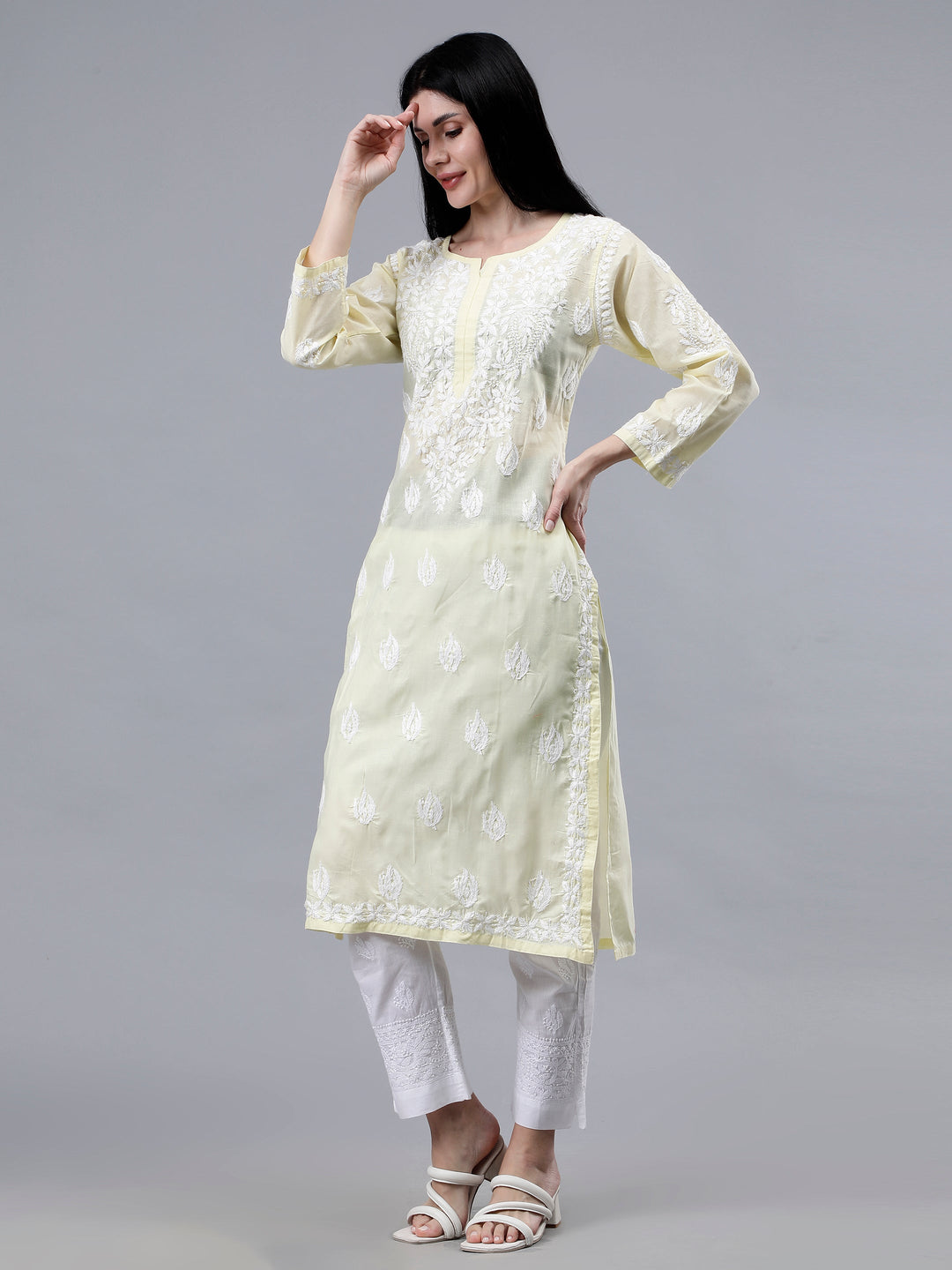 Lemon-Cotton-Embroidered-Chikankari-Kurti