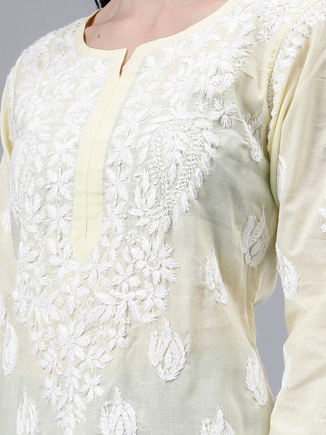 Lemon-Cotton-Embroidered-Chikankari-Kurti