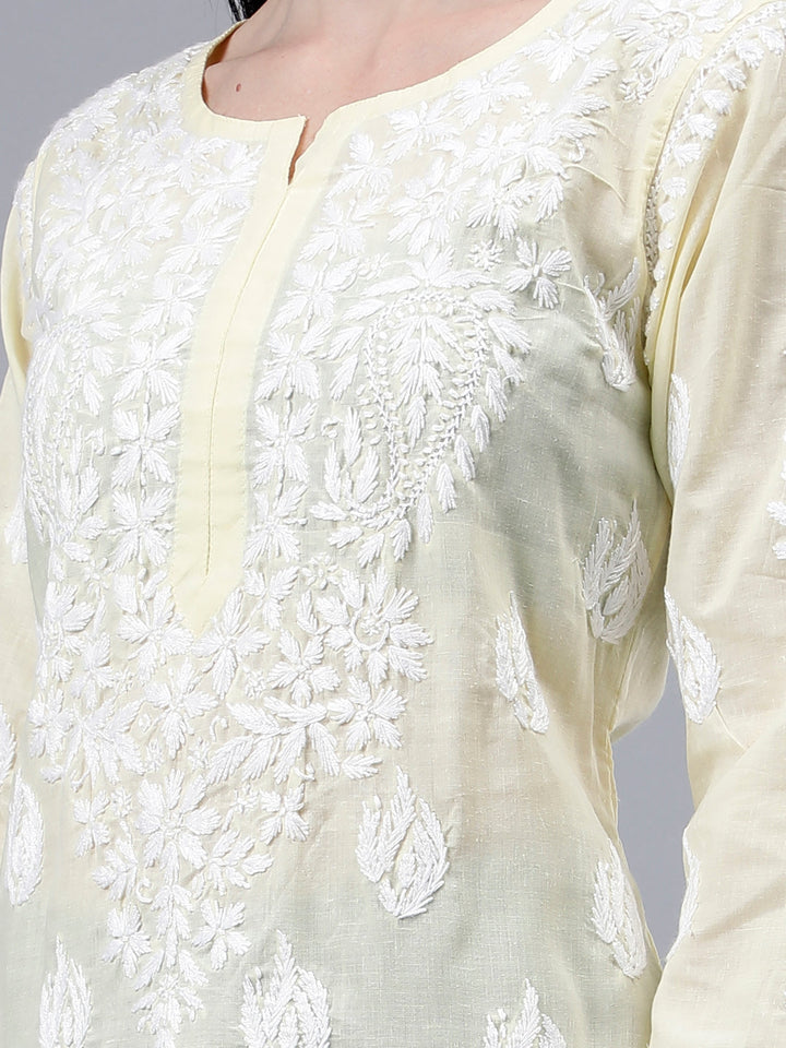 Lemon-Cotton-Embroidered-Chikankari-Kurti