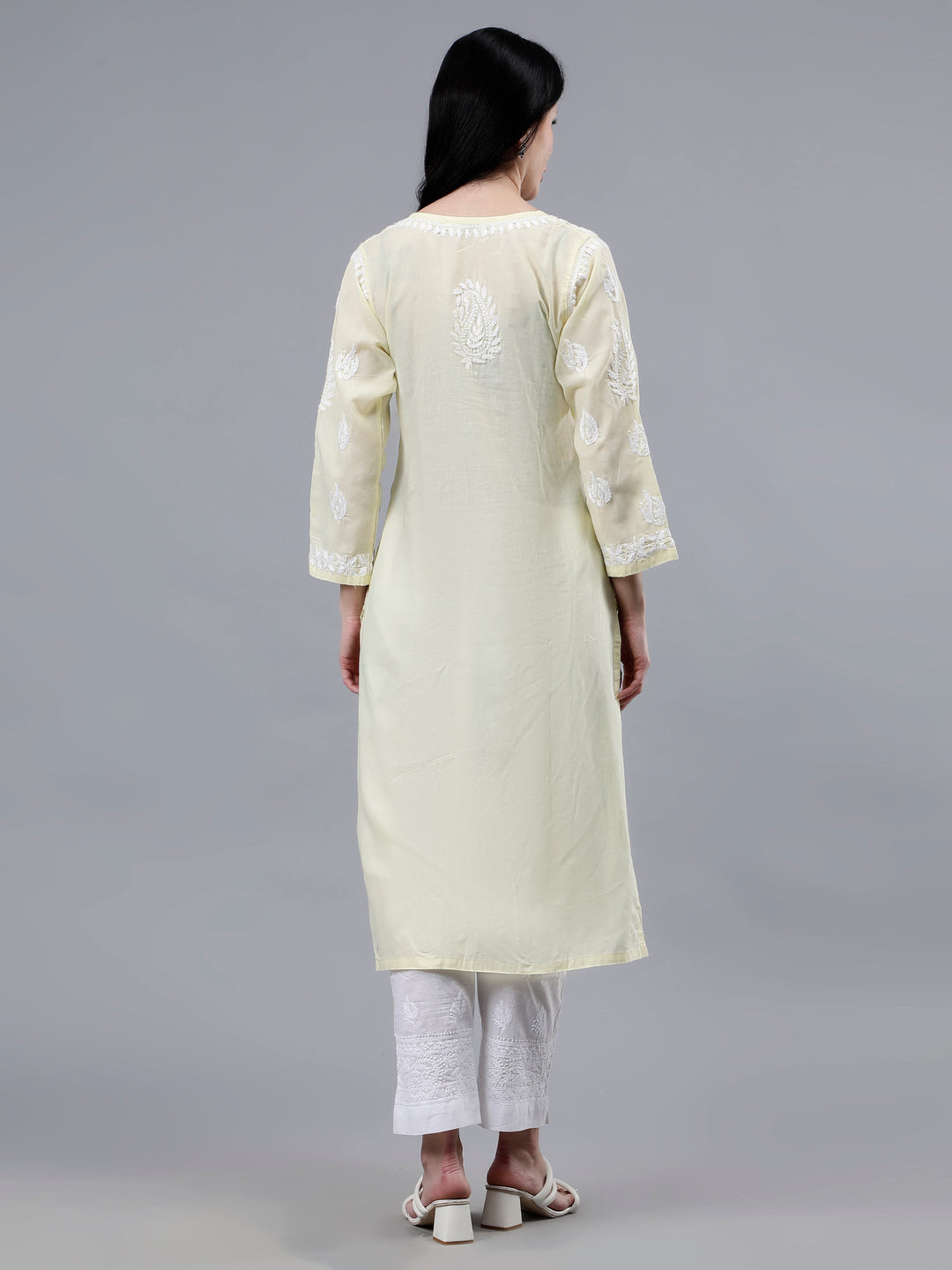 Lemon-Cotton-Embroidered-Chikankari-Kurti