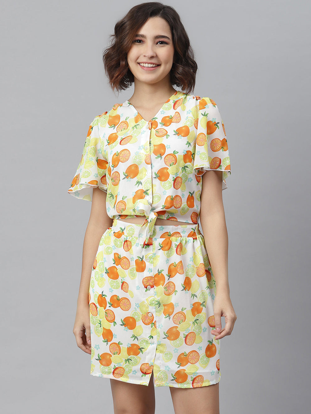Lemon-Orange-Polyester-Printedtie-Knot-Top-&-Attached-Skirt