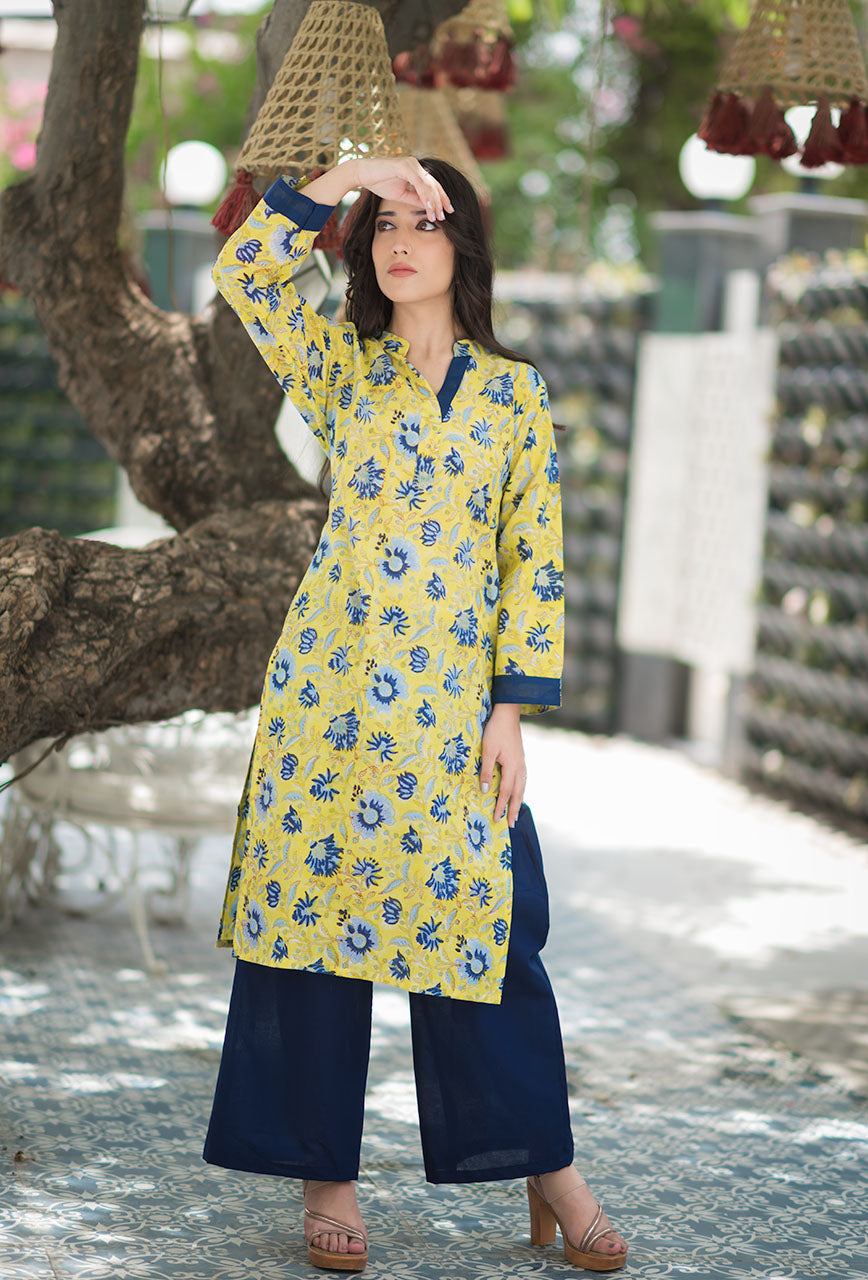 Lemon-Yellow-Cotton-Fuzz-Hand-Block-Print-Kurta