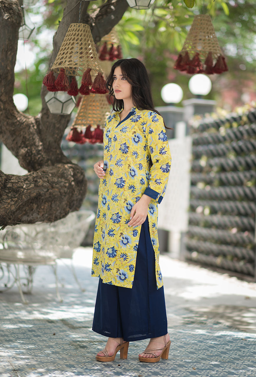 Lemon-Yellow-Cotton-Fuzz-Hand-Block-Print-Kurta