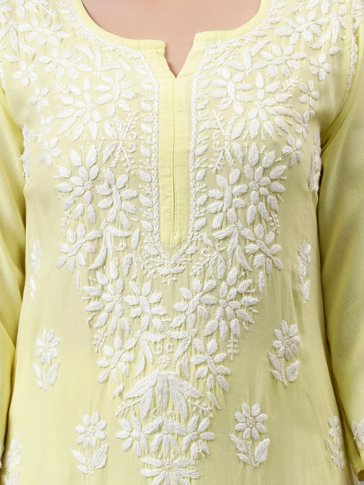 Lemon-Yellow-Rayon-Embroidered-Chikankari-Kurta-&-Palazzo-Set