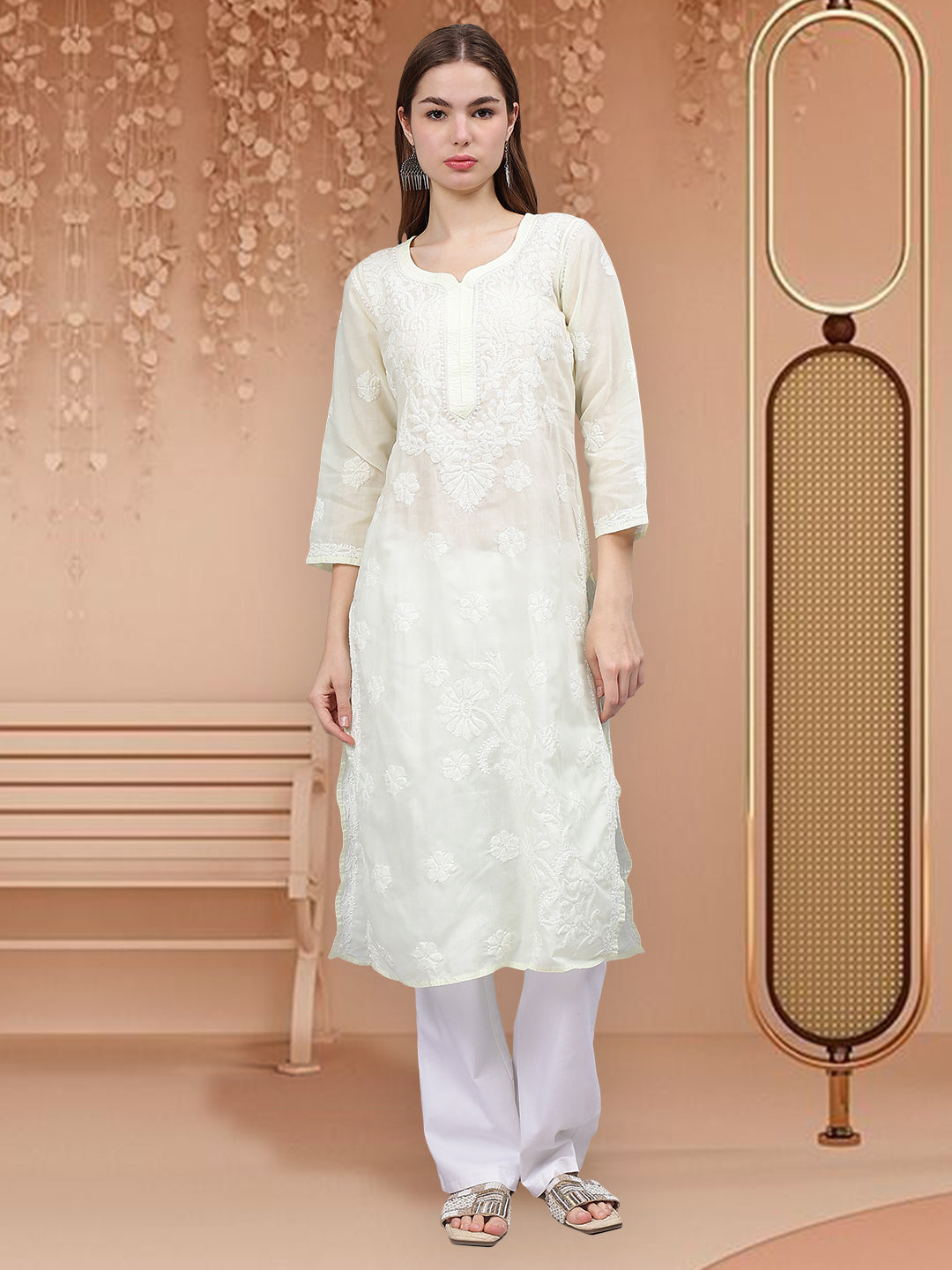 Lemon-Yellow-&-White-Cotton-Embroidered-Chikankari-Kurti