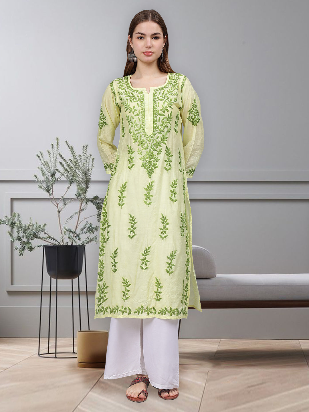 Lemon-&-Green-Chanderi-Embroidered-Chikankari-Kurti