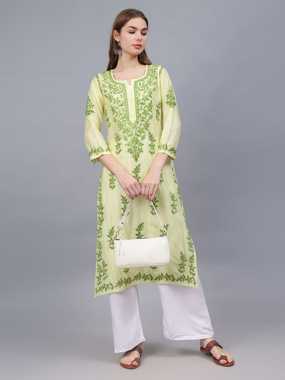 Lemon-&-Green-Chanderi-Embroidered-Chikankari-Kurti