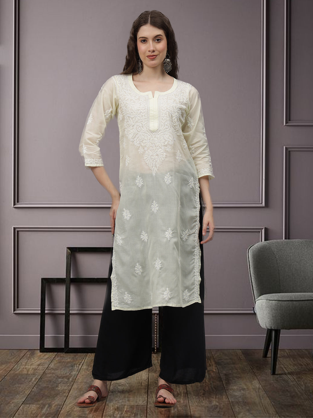 Lemon-&-White-Cotton-Embroidered-Chikankari-Kurta