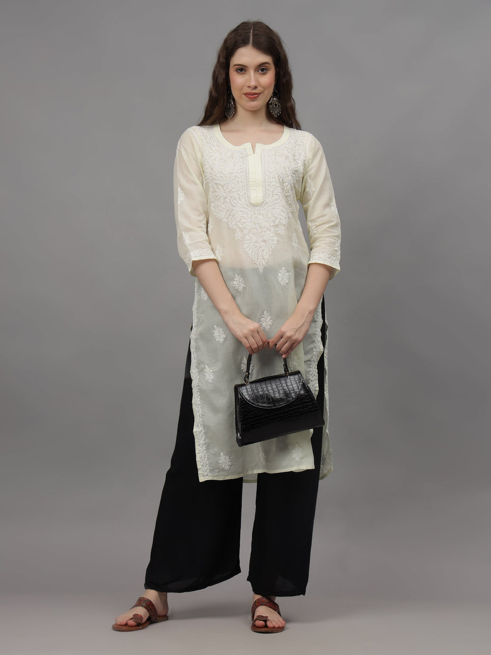 Lemon-&-White-Cotton-Embroidered-Chikankari-Kurta