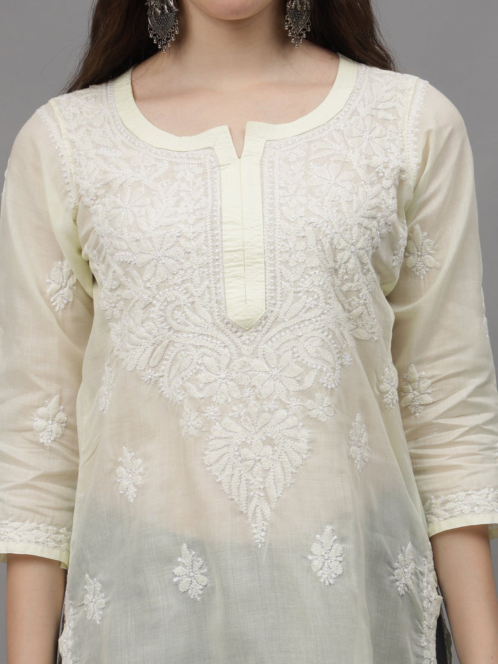 Lemon-&-White-Cotton-Embroidered-Chikankari-Kurta