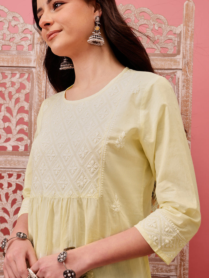 Lemon-Cotton-Lucknowi-Chikankari-Short-Kurta-ONLY