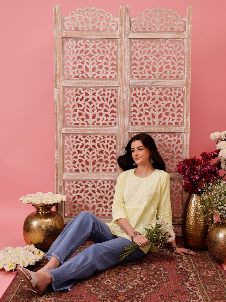 Lemon-Cotton-Lucknowi-Chikankari-Short-Kurta-ONLY