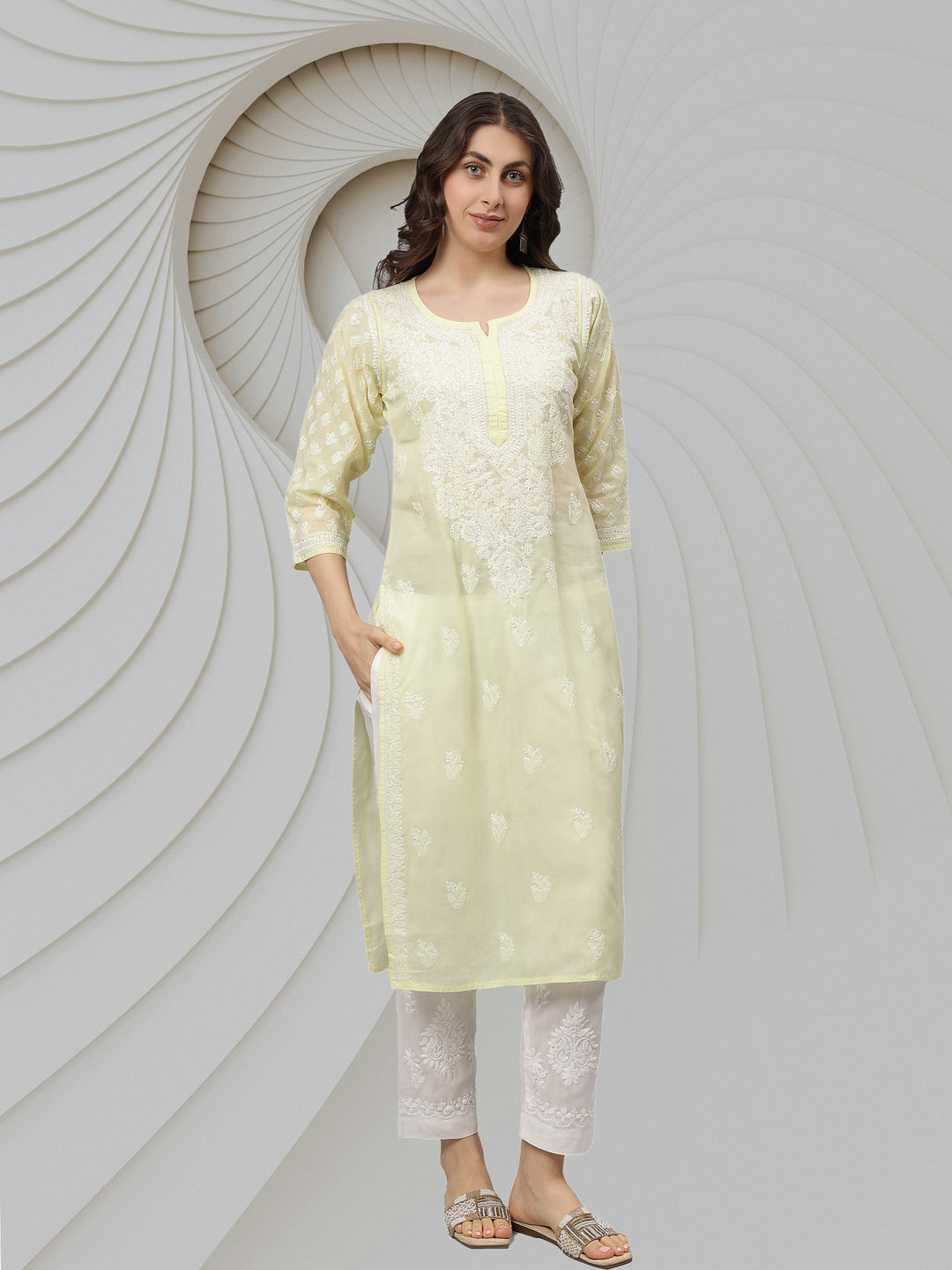 Lemon-Terivoil-Cotton-Embroidered-Chikankari-Kurta-Only