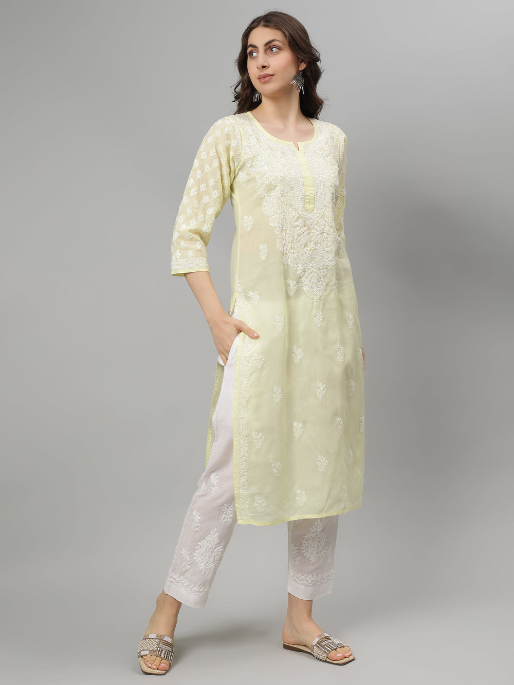 Lemon-Terivoil-Cotton-Embroidered-Chikankari-Kurta-Only